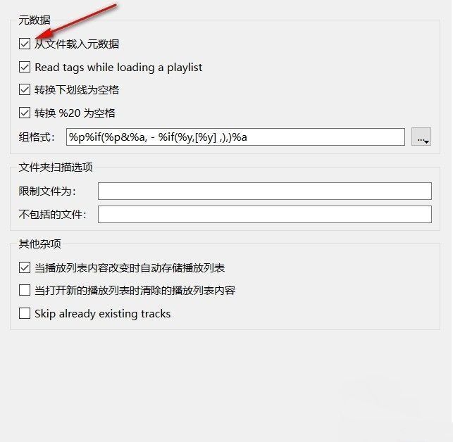设置成功后的确认界面，显示已勾选‘从文件载入元数据’，并点击‘确定’按钮完成保存