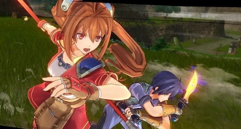 《空之轨迹the 1st》游戏主视觉图，主角艾丝蒂尔与约书亚并肩站立，背景为利贝尔王国的金色麦田与蓝天