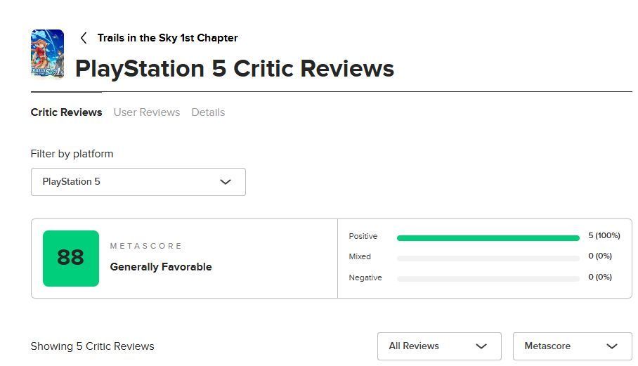 M站评分页面截图显示《空之轨迹the 1st》PS5版评分为88分，多家媒体给出高分评价