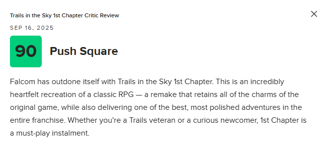 Push Square评测页面，评分90分，标题为‘Falcom超越自我’