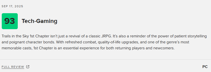 Tech-Gaming评测截图，PC版评分高达93分，强调‘叙事力量’与‘角色阵容难忘’