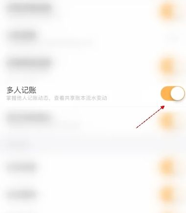 多人记账开启后的设置页面，橙色开关清晰可见，下方显示‘已开启’提示