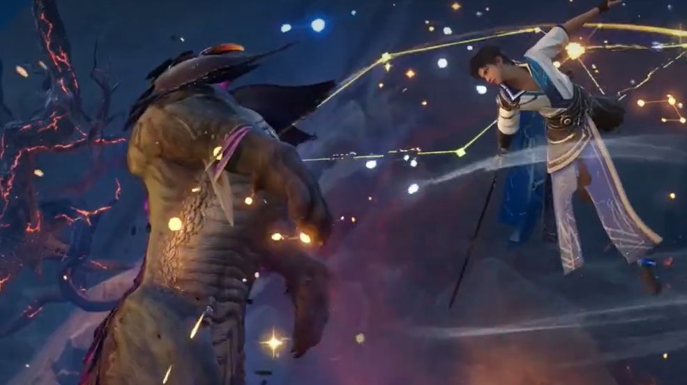 多名玩家并肩作战，背景为稷下战场巨型雕像，战火纷飞