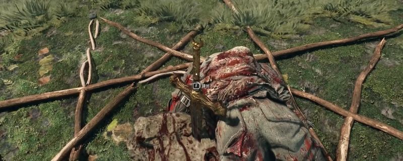 《消逝的光芒：困兽》中石中剑插在岩石中的场景，周围环绕着神秘符文，光影氛围神秘而庄严