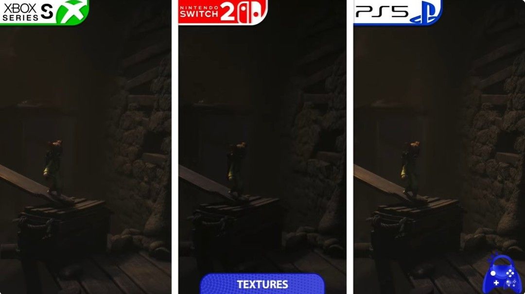 游戏中黑暗走廊场景的多平台对比，展现光照反射与阴影层次的差异