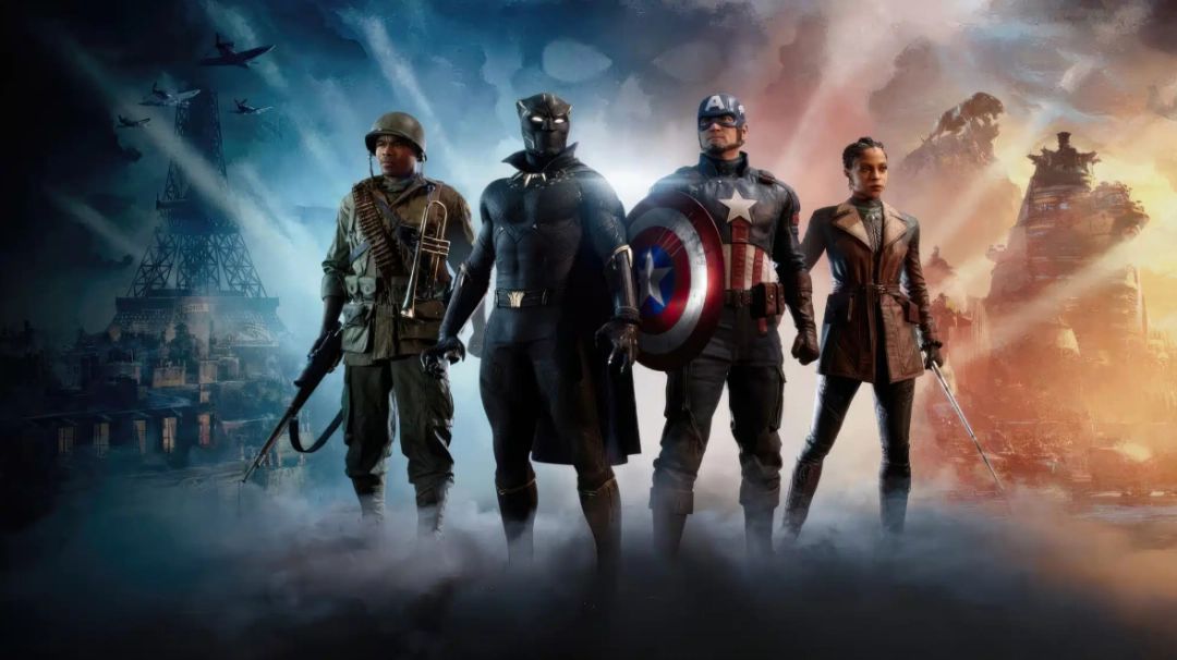 《漫威1943：九头蛇崛起》官方宣传图，展现复古风格的漫威英雄群像