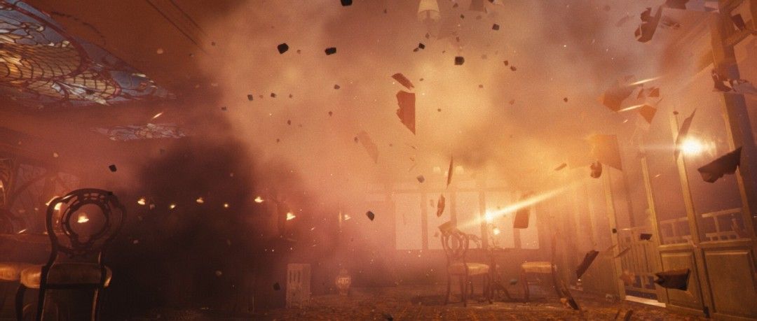 黑豹蹲伏于屋顶边缘，准备对下方巡逻敌人发动突袭