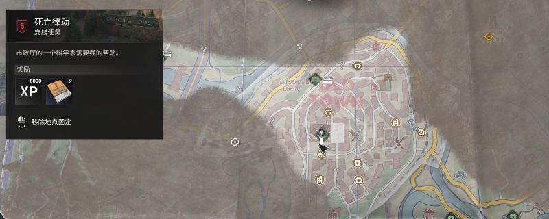 《消逝的光芒：困兽》旧城区市政厅外观场景，建筑破损严重，周围有巡逻的感染者，主角正走向入口大门