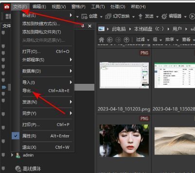ACDSee软件界面，显示文件菜单下的导出选项被选中