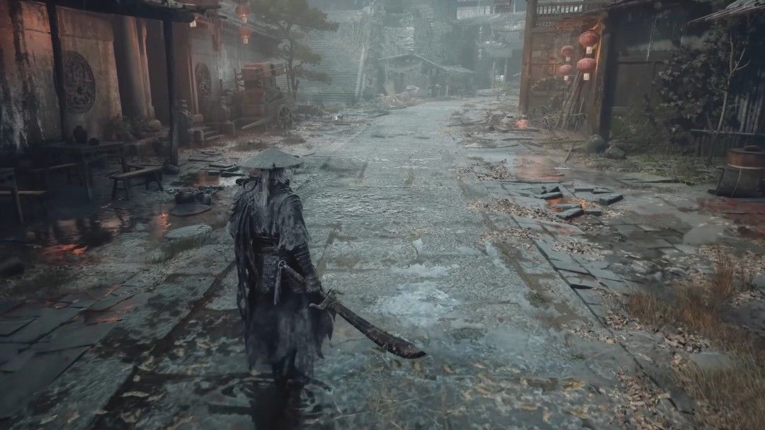 狭窄巷道中角色穿梭于残垣断壁之间，远处可见多层平台交错连接，体现复杂立体的关卡布局