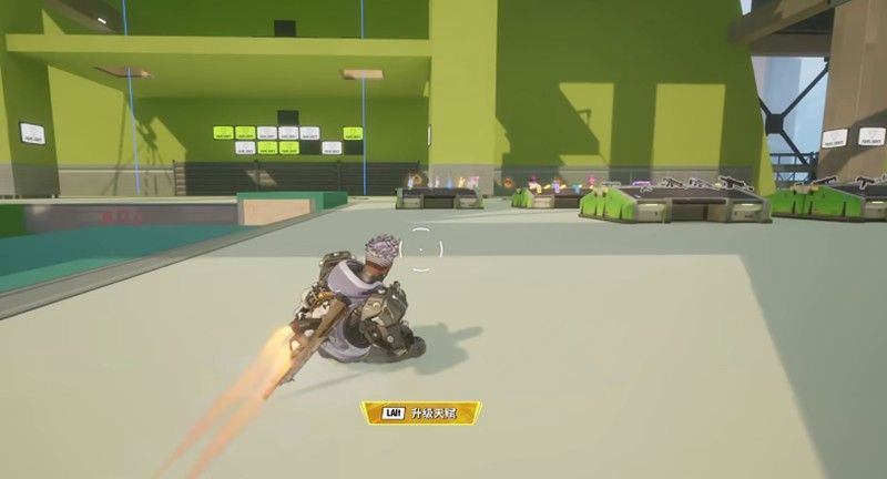 游戏中两名玩家在废墟区域激烈交火，其中一人身着紫色高阶护甲，另一人则为蓝色护甲