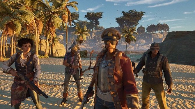 角色在雨林中使用自制步枪瞄准远处的机械残骸，空气中漂浮着微弱蓝光