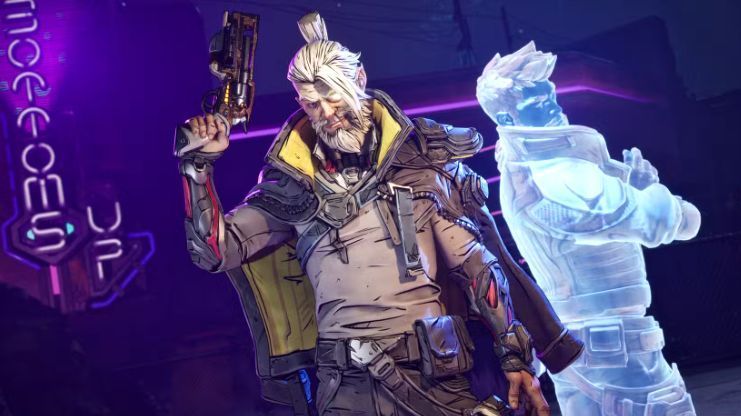 《无主之地4》游戏实机画面，角色在爆炸特效中射击敌人，场景充满废土风格与鲜艳色彩