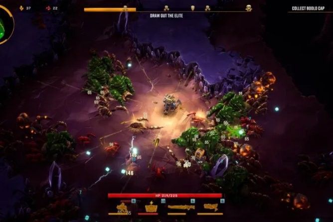 《深岩银河：幸存者》UI界面展示新装备系统，技能树分支清晰，角色身着炫酷模组皮肤正在发射重型武器对抗巨型外星生物