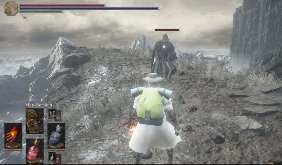 ‘Pocket Souls’Mod演示画面，展示玩家使用精灵球捕捉《黑暗之魂3》中的巨型敌人