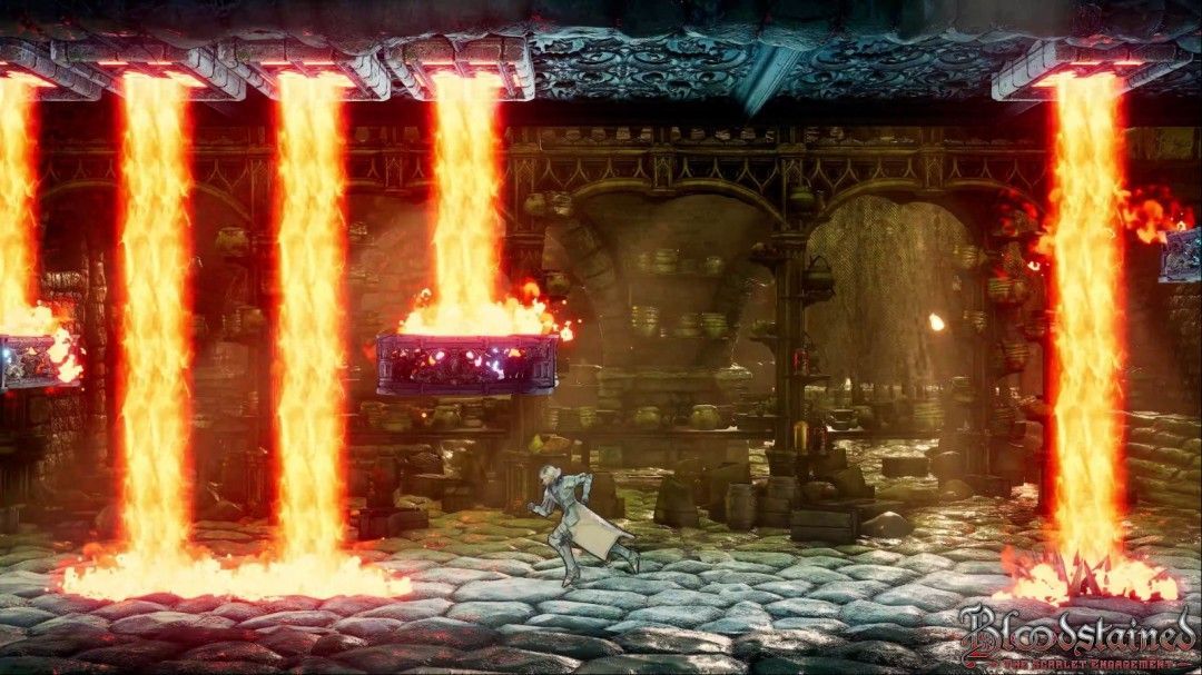 骑士跃起对抗飞行恶魔，背后是燃烧的教堂尖顶，火光映照半边天空