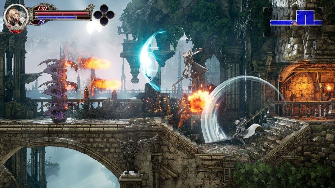 主角站在城堡高台边缘俯瞰下方城市，乌云密布，闪电划破天际