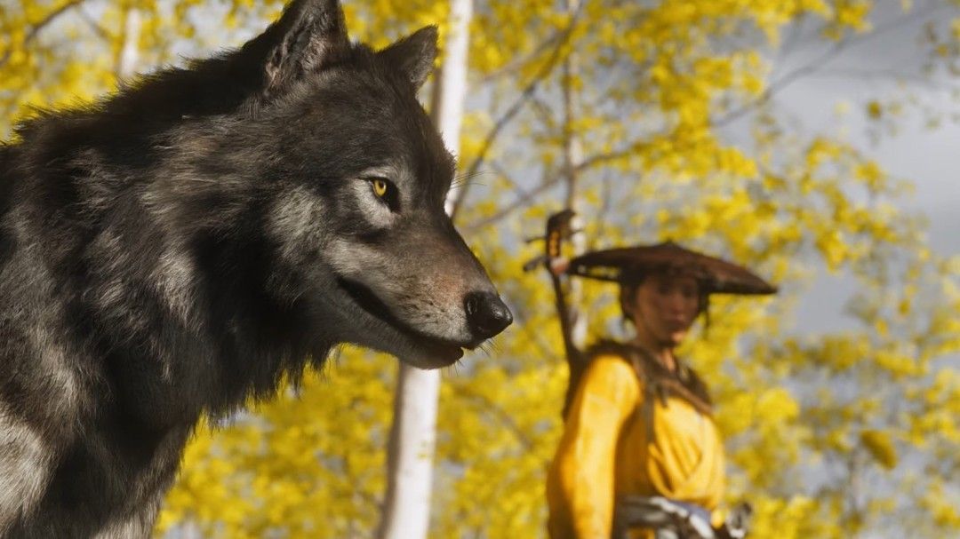 女主角笃与她的狼伙伴并肩作战，双刀挥舞间敌人纷纷倒下，背景为日本乡野雪景