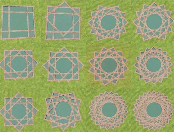 《无限暖暖》鱼塘布局示意图，展示4x4正方形排列的16块鱼塘，中间预留站立位置