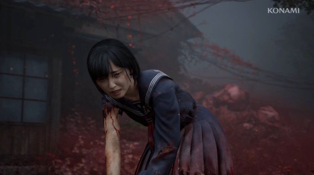 主角手持简易武器面对半透明人形怪物，背景为血色天空与倒悬建筑，展现游戏异界‘里世界’的诡异景象