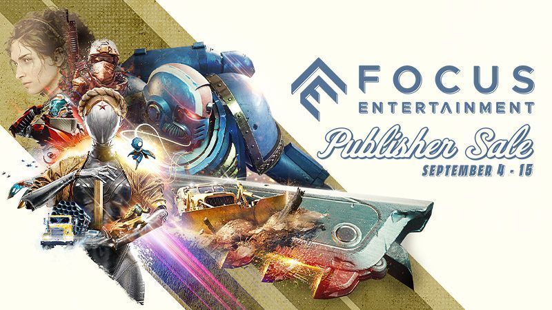 Focus Entertainment特惠活动宣传图，LOGO下方列出多款打折游戏图标，包括《原子之心》《雪地奔驰》等