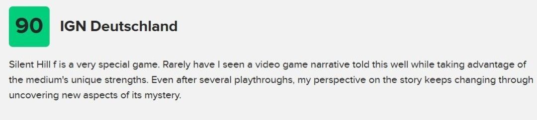 IGN德国官网发布的《寂静岭f》评测界面，左侧是主角在昏暗森林中行走的游戏截图，右侧为评分详情