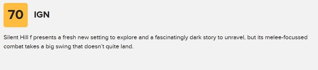 IGN官网对《寂静岭f》的评测摘要页面，突出显示70分评分及关于战斗系统的批评内容