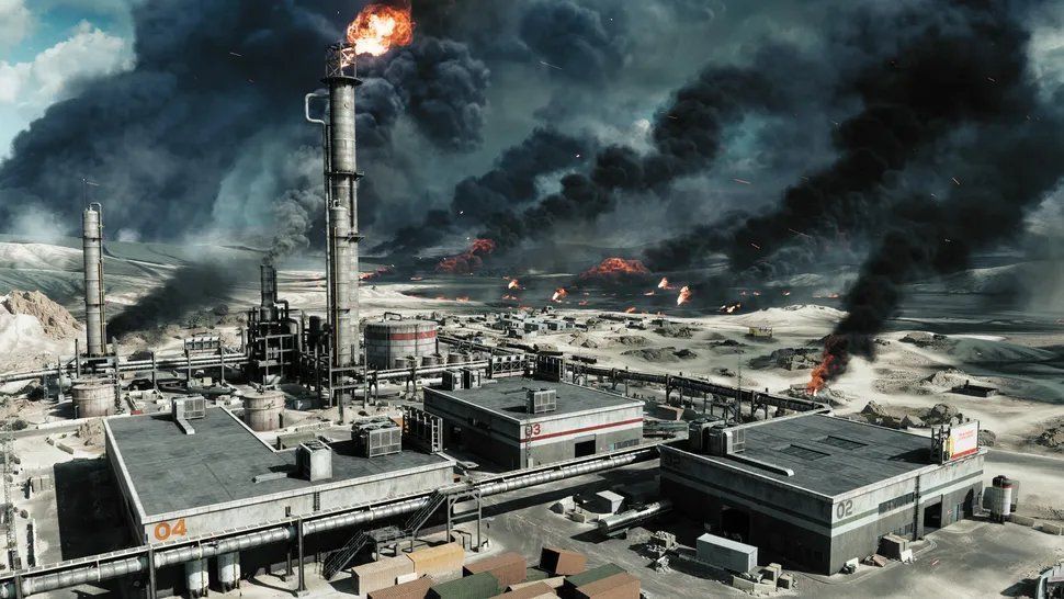 《战地6》游戏场景概念图，沙漠地貌上坦克交火，空中有战斗机掠过，展现宏大战场氛围