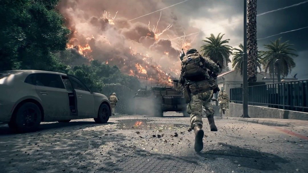 两名士兵在燃烧的油田间奔跑，背景是倒塌的钻井平台和浓烟滚滚的天空，呈现激烈战斗场面