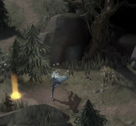 角色站在一座破损祭坛前，周围环绕着神秘光点，疑似即将触发隐藏事件