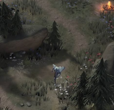 游戏角色手持火把照亮石壁，上面雕刻着与石板相似的符号序列