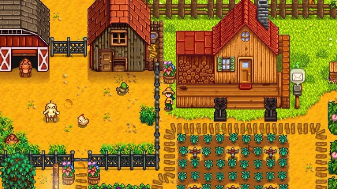 《星露谷物语》游戏画面展示田园风光与角色互动场景，充满温馨像素风格