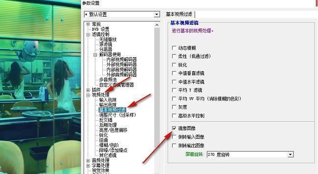 KMPlayer基本视频过滤设置页面，‘镜像图像’选项已被勾选