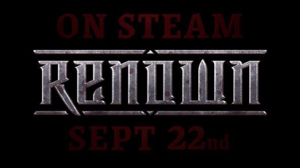 《名望》游戏主视觉图，展现中世纪战士持剑站立于废墟之上，背景为燃烧的城堡与阴沉天空