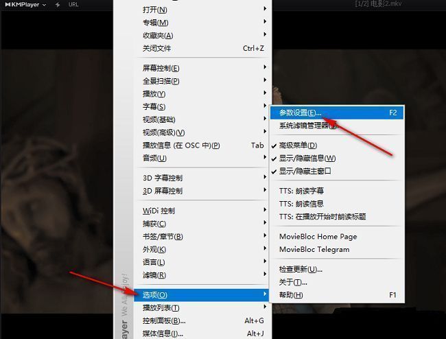 KMPlayer右键菜单显示选项和参数设置入口