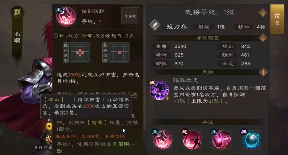 高顺技能面板展示，包含‘披荆斩棘’‘尖刺之阵’‘陷阵克敌’三项技能图标与描述