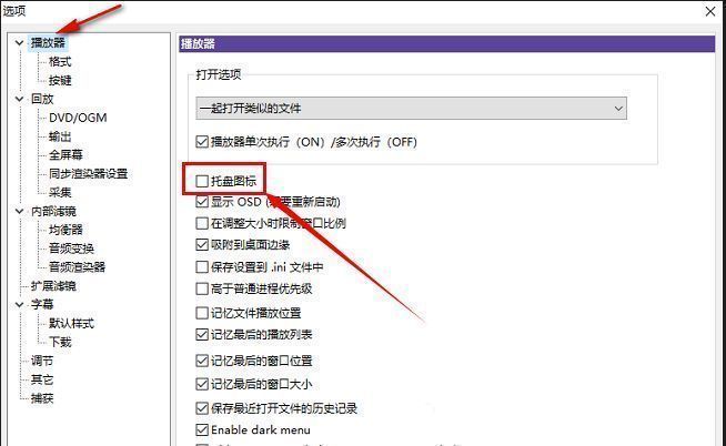 KMPlayer设置页面右侧，托盘图标复选框已打钩