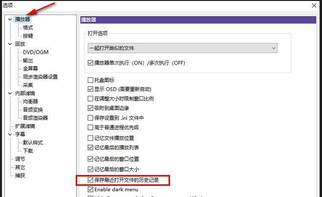 设置页面右侧已勾选‘保存最近打开文件的历史记录’复选框
