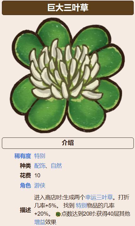 巨大三叶草道具展示，绿色叶片散发微光，周围漂浮着金币与折扣标签