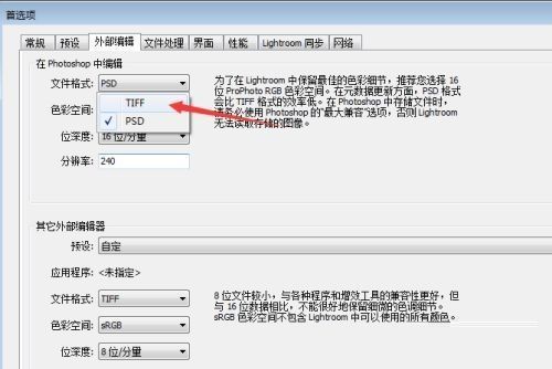 文件格式下拉菜单中TIFF选项被选中，旁边还显示颜色空间与比特深度设置