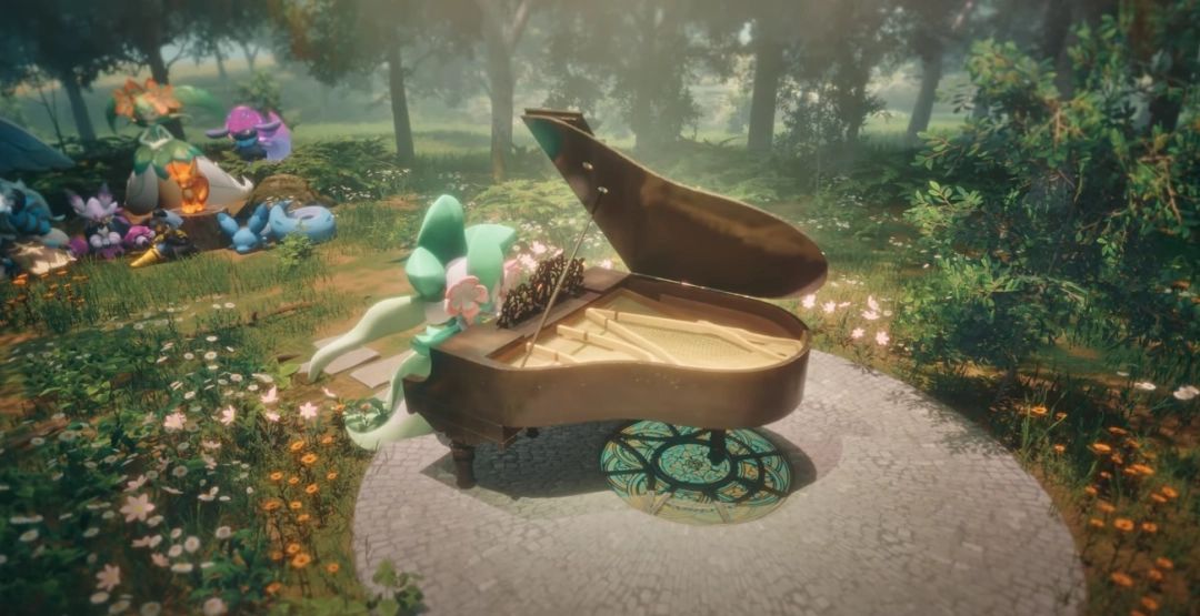 农场全景俯视图，整齐的田地与小屋错落有致，帕鲁在田间劳作