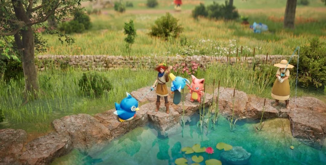 牧场区域，多种帕鲁在围栏内自由活动，背景是夕阳下的山丘