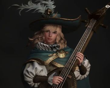 狂想旋律战斗场景，角色手持竖琴悬浮空中，音波特效环绕队友，形成光环增益效果