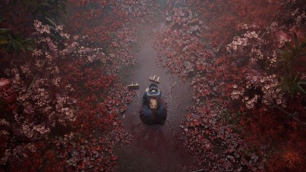 主角手持手电筒在昏暗走廊中前行，墙上布满血迹与涂鸦，气氛紧张，预示即将遭遇怪物