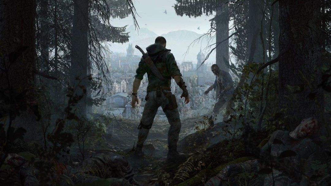 车辆冲撞丧尸群的画面，尘土飞扬，主角驾驶越野车横冲直撞，车身沾满血污