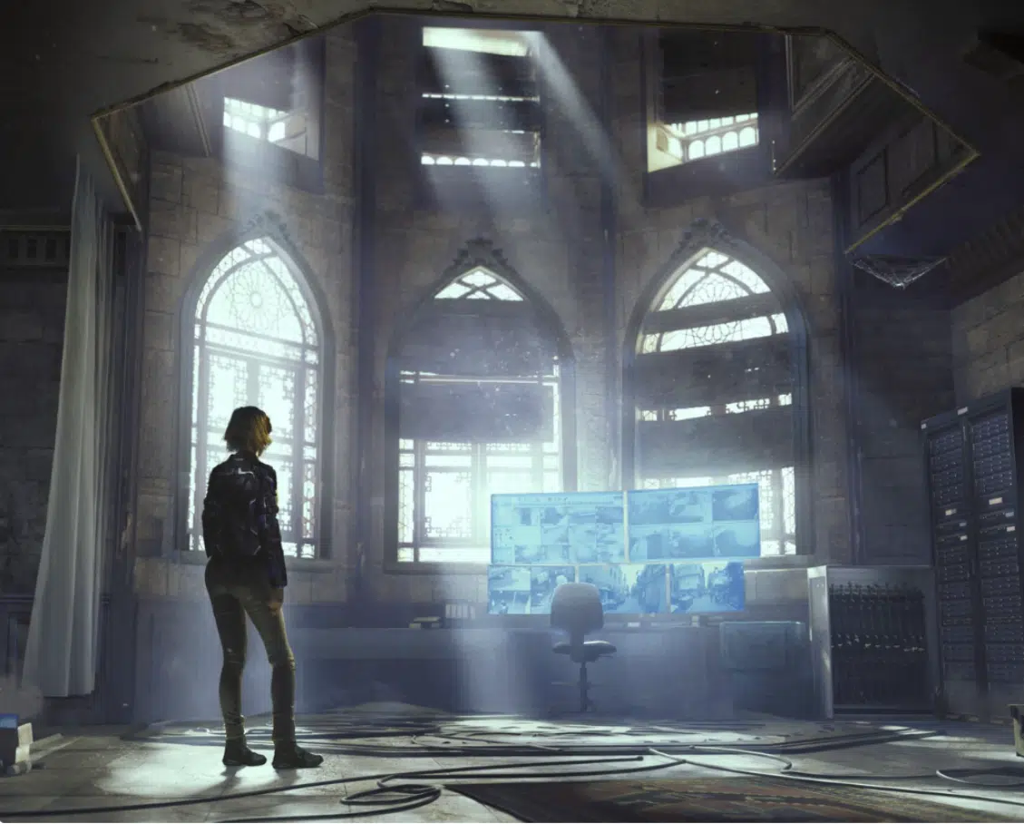 夜战场景概念图，乔安娜潜行穿越灯火通明的敌方基地