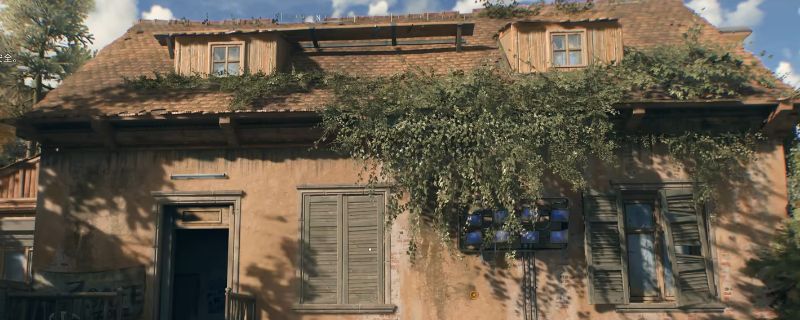 废弃房子安全屋外部场景，四周布满游荡的丧尸，建筑门窗破损，电力设备处于关闭状态