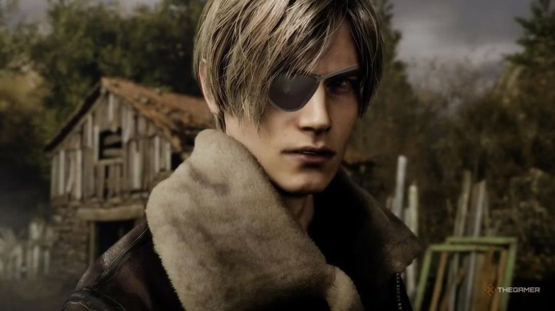 网络流传的里昂·肯尼迪佩戴眼罩的神秘图像，身穿黑色战术夹克，神情冷峻，背景为昏暗城市废墟