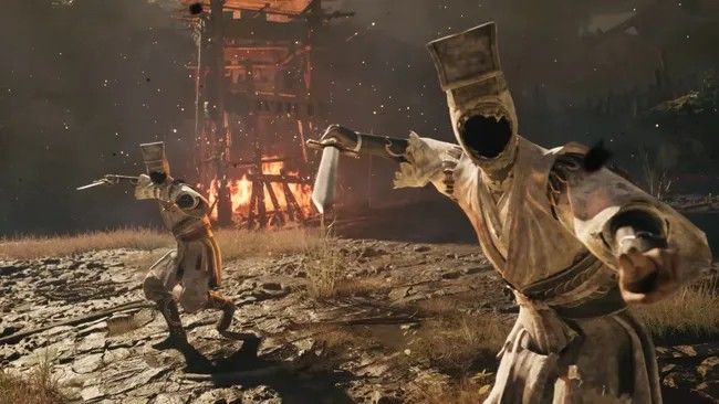 《影之刃零》Boss'荒行子'战斗场景，身着残破长袍在废墟中疾速突进，剑光如电，环境充满东方暗黑美学风格