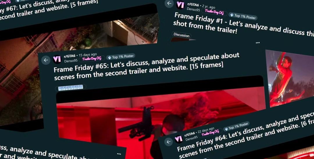 Reddit用户发布的‘帧画星期五’分析图，展示《GTA6》预告片中的高清画面细节